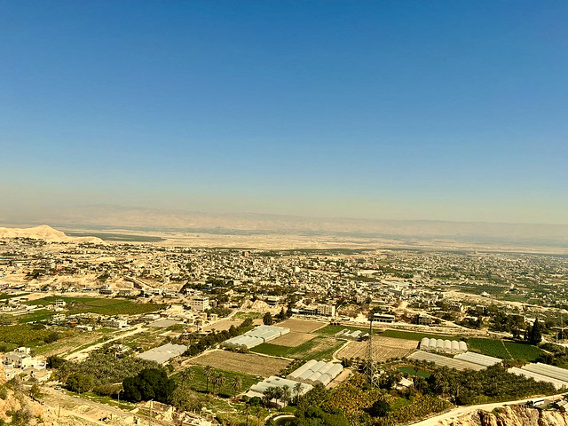 View of Jordan valley from Mount of Temptation, over the town of Jericho in the Judean Desert, in the West Bank.