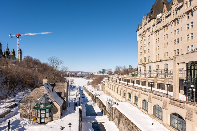 The Rideau Canal locks between Parliament Hill and the Chateau Laurier Hotel.- a classic tourist view.
