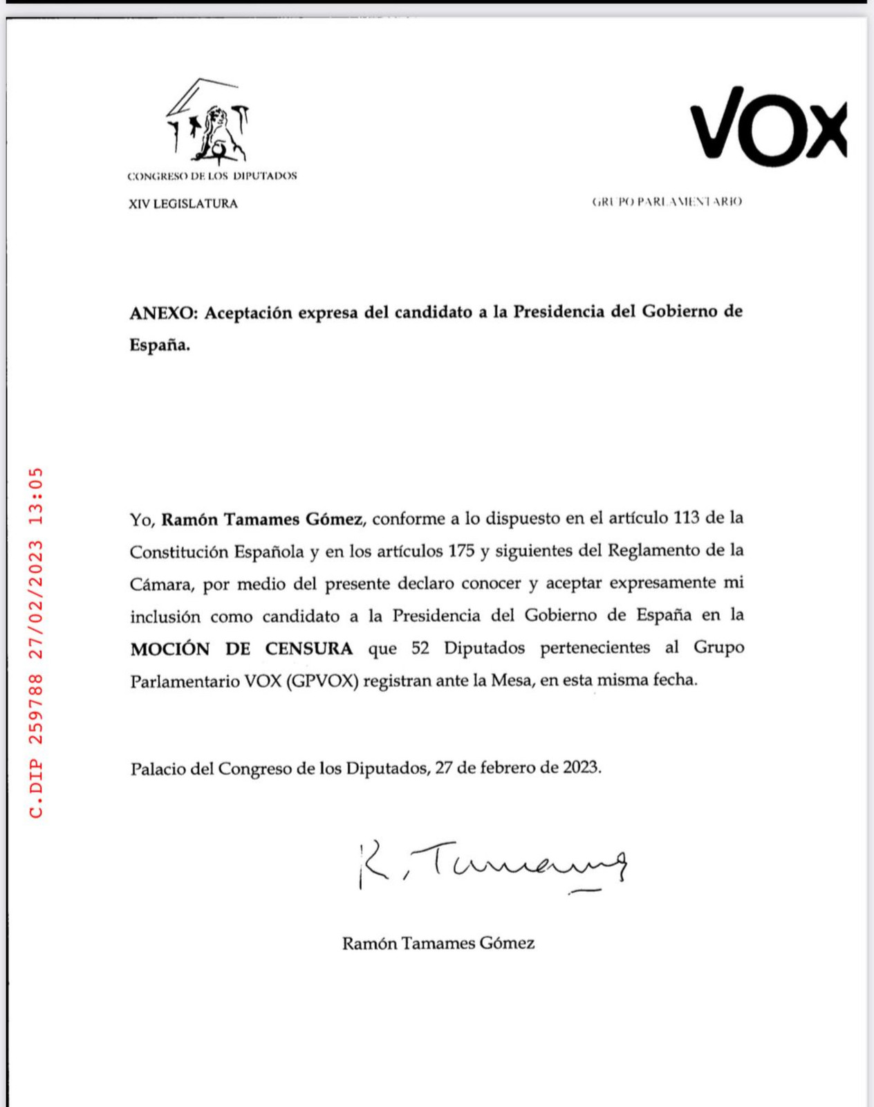 Carta aceptación Ramón Tamames Gómez al Congreso