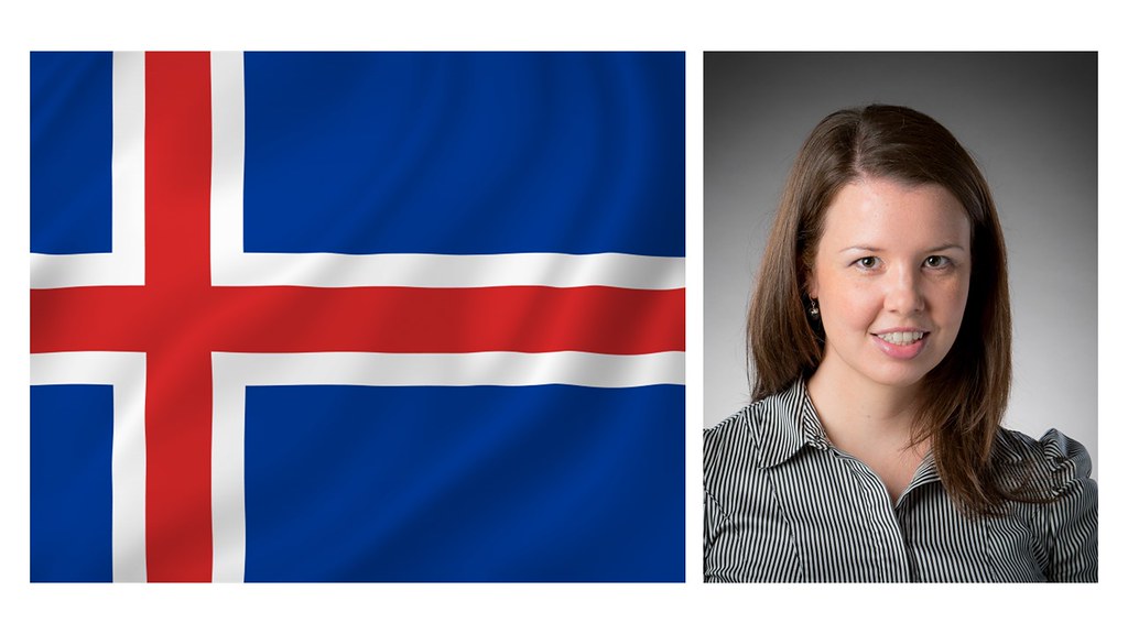 Iceland flag next to Dr Asgerdur Petursdottir. 