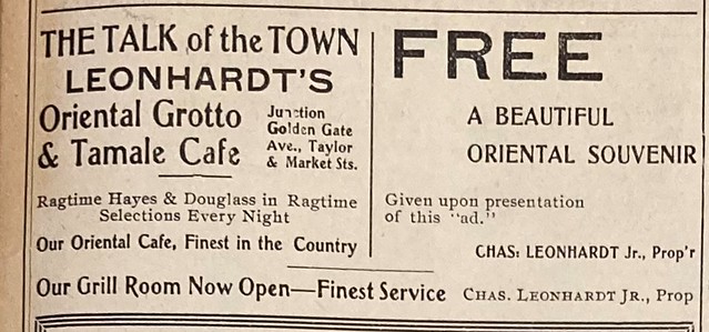 Ragtime Hayes & Douglass, Leonhardt's Oriental Grotto & Tamale Cafe ad