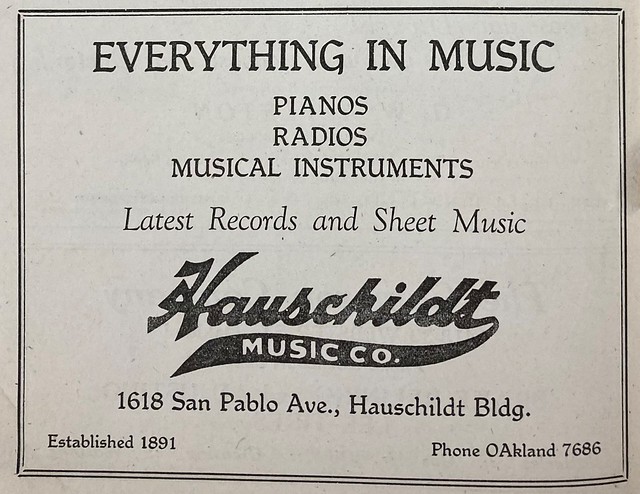 Hauschildt Music Co. ad, Oakland Municipal Band Lakeside Park program July 14, 1929