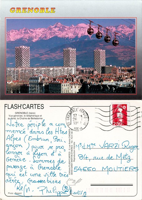 Grenoble (Isère) - Vue générale, le téléphérique et au fond, la Chaîne de Belledonne - 1992