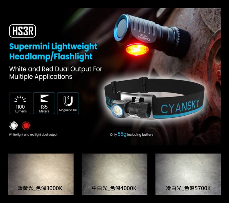 Cyansky 台灣總代理 錸特光電 HS3R 可充電頭燈 3種色溫.冷白 中白 暖白
