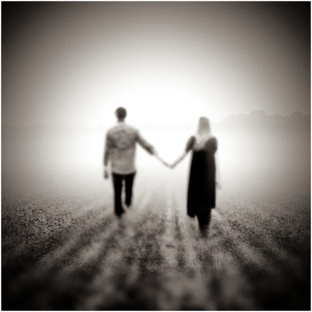 ⁛couple in connecticut walking in a field, in the fog⁛