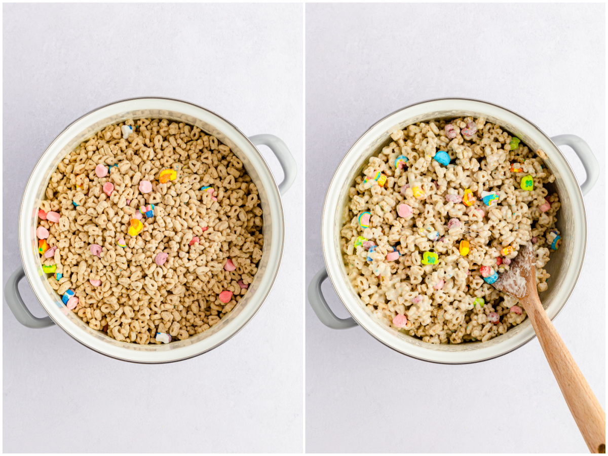 Lucky charms stirred into marshmallows in a pot