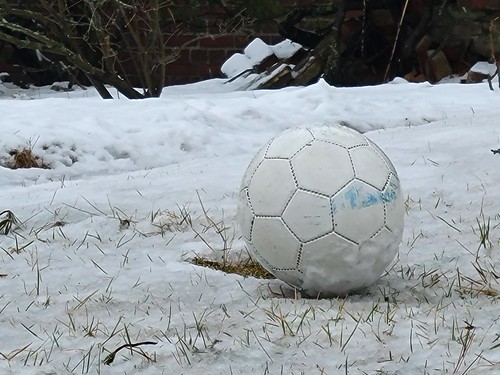 Soccer ball in sludgy snow