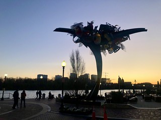 Scarlet, towering modern sculpture at sunset, Washington Harbour, Washington, D.C.