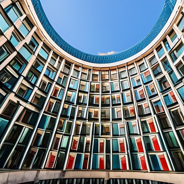 Photo of a building with colorful windows, sometimes round