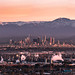 Torrance refinery, DTLA and the San Gabriel Mountains capped in snow.