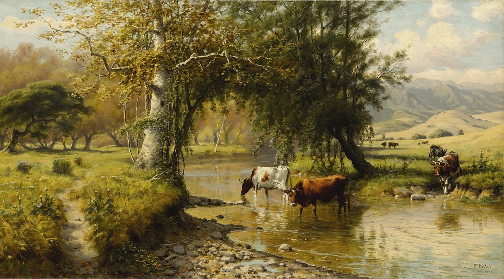 Thaddeus Welch «Cattle Watering Under an Oak Tree», 1911
