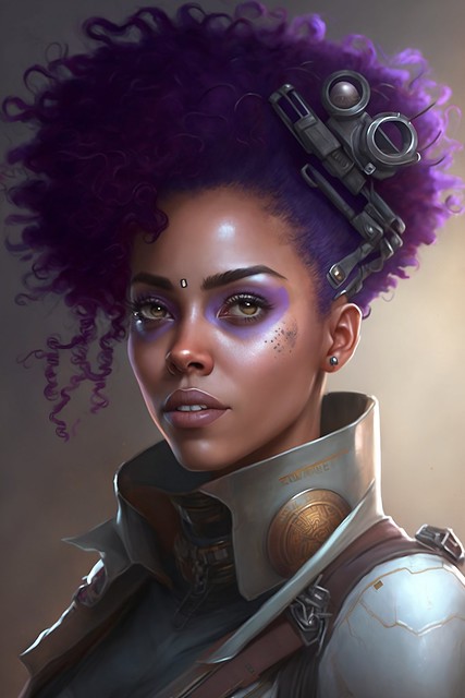 a woman with purple hair and a sci - fi fi fi fi fi fi fi, a character portrait by Magali Villeneuve, trending on Artstation, afrofuturism, steampunk