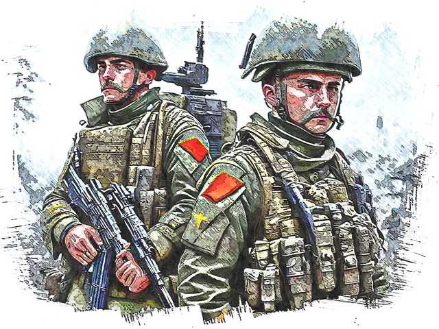 Two soldiers standing next to each other.