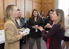 State Reps. Cindy Harrison and Karen Reddington-Hughes talk with Rep. Wood during a Women's Bipartisan Legislative Caucus breakfast.