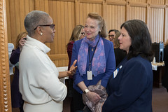 State Rep. Kathleen McCarty talks with Secretary of State Stephanie Thomas and Rep. Morin Bello during a Women's Bipartisan Legislative Caucus breakfast.