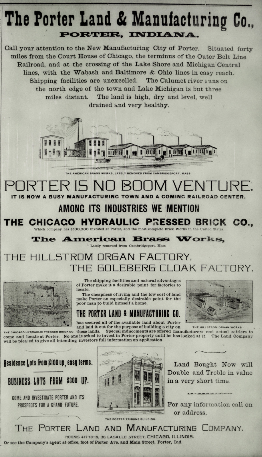 Advertisement of the Porter Land & Manufacturing Company, July 27, 1894 - Chesterton, Indiana
