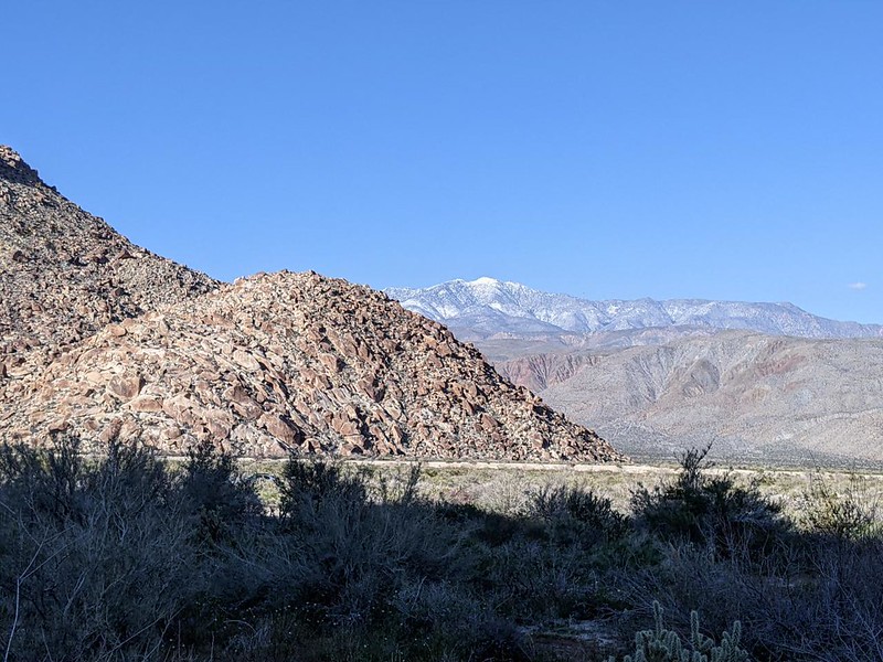 Snow-covered Toro Peak in the distance across Collins Valley and the mouth of Sheep Canyon