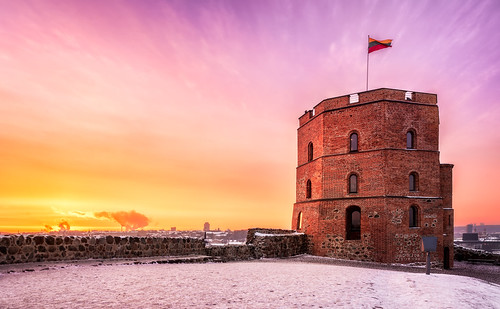 tower castle sunset snow flag architecture