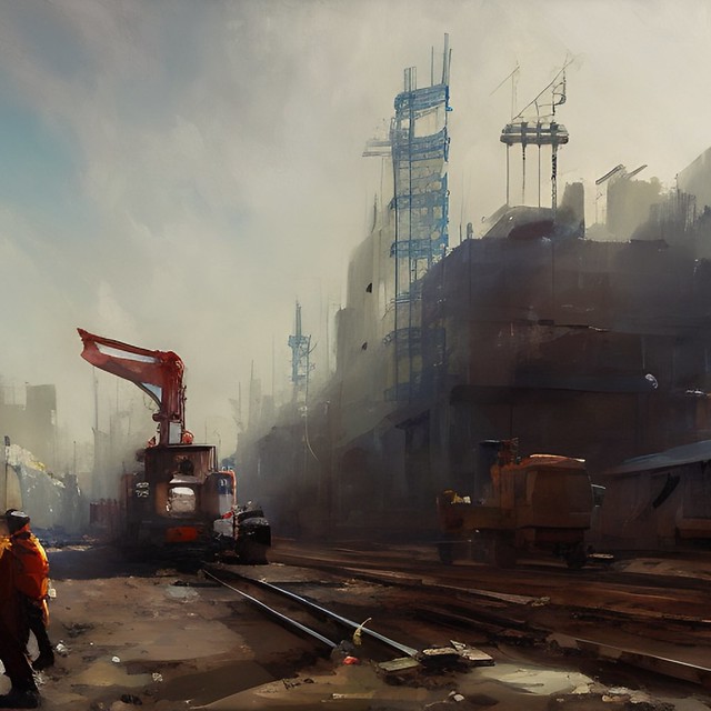 digital art of railway construction site with machinery and construction workers