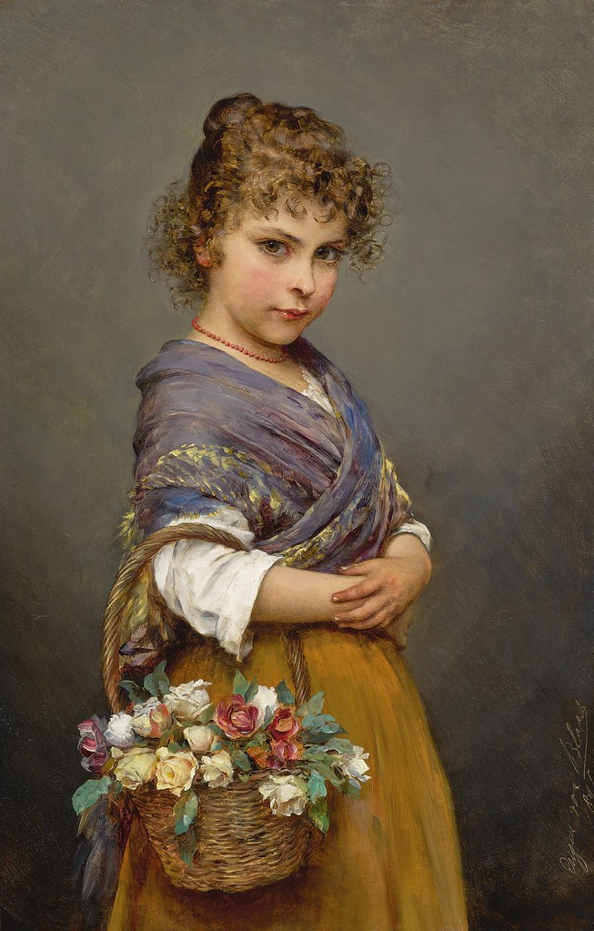 Eugene de Blaas «Young Girl With Basket of Flowers», 1894