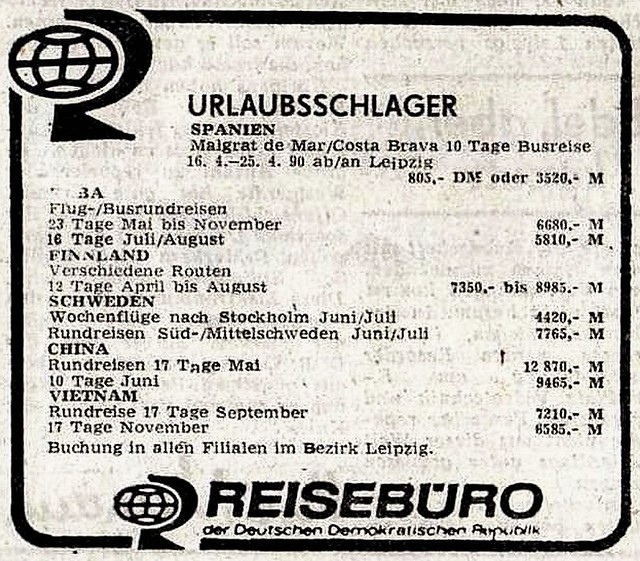 Urlaubsreisen Werbung vom Staatlichen Reisebüro der DDR im Februar 1990.