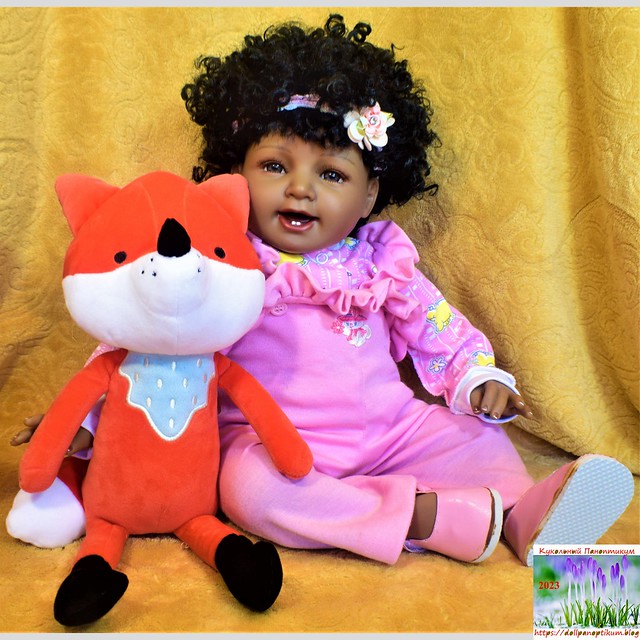 Чарли, NPK-collection-doll, Lifelike-doll, Reborn-Doll, vinyl-cloth-body, black-doll, 55-cm, made-in-China, black-afro-hair, карие-глаза, smiling-doll, 2-зубика, baby-doll, toddler-doll