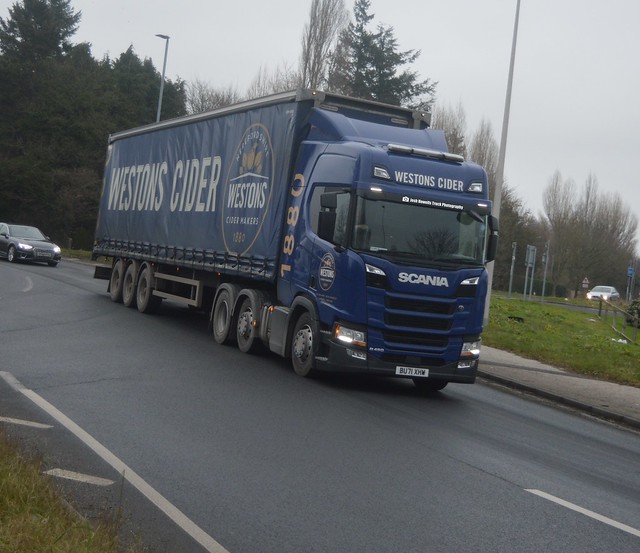 Westons Cider BU71 XHW Driving Along the A5 Passing Gledrid Services