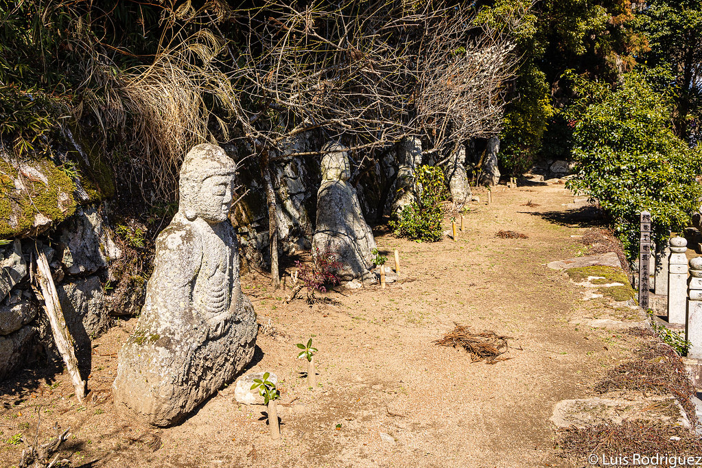 Budas de piedra en el complejo del salón Jigen-do