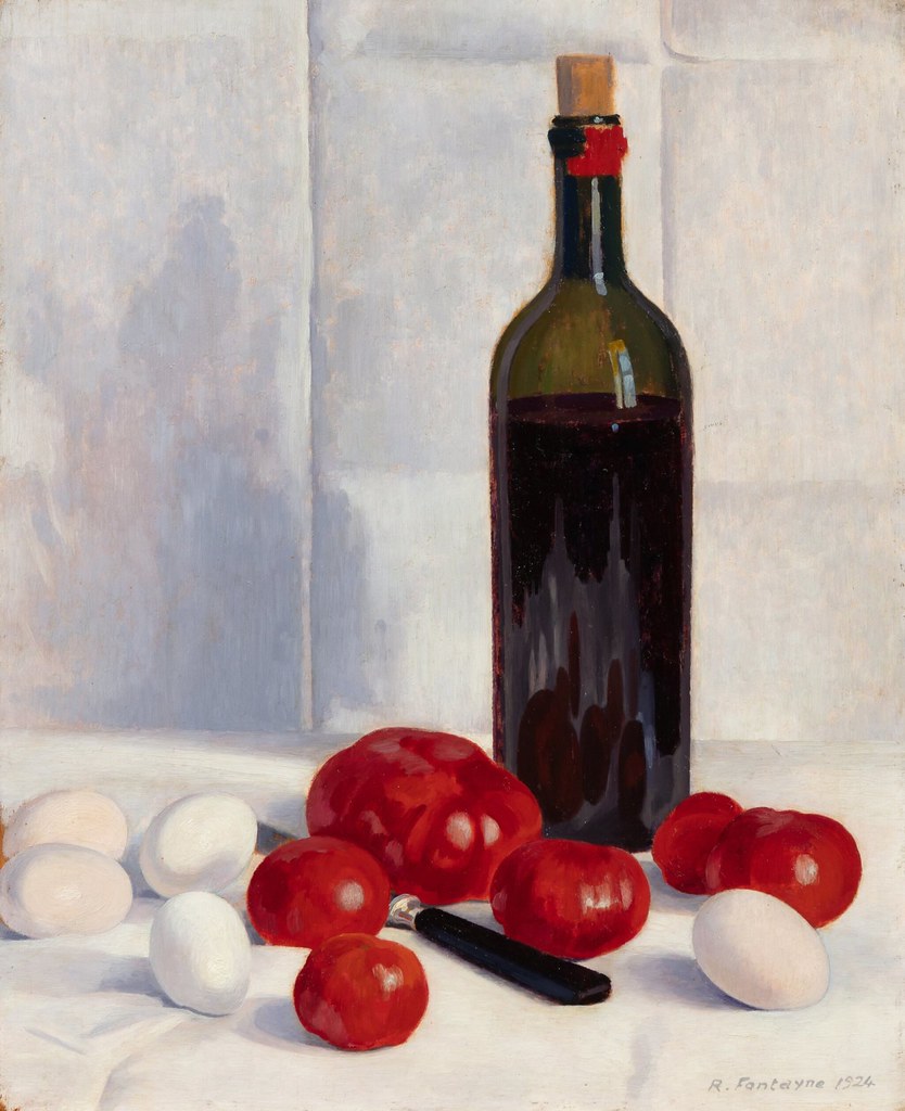 Rene Fontayne «Still-life with a bottle of wine, eggs and tomatoes», 1924