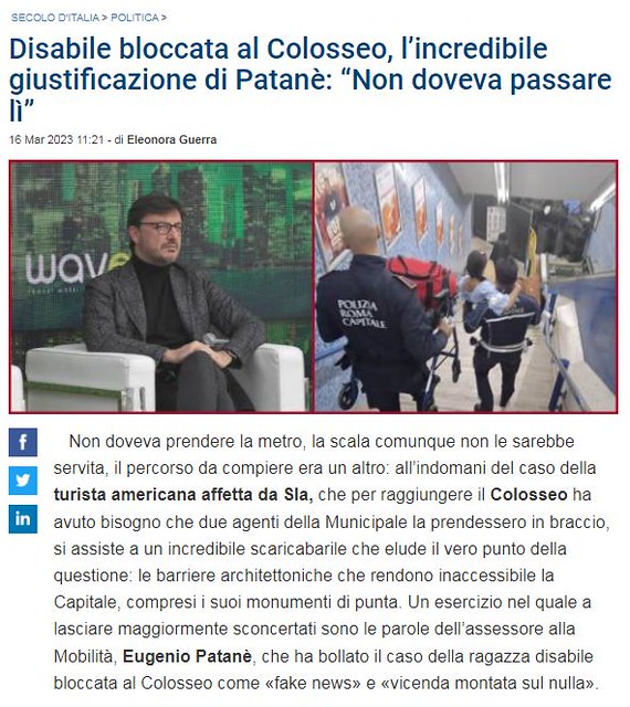 RARA 2023.  Eugenio Patanè - City of Rome's Director of Public Transportation: American tourists & Romans with mobility issues - not welcomed on Rome's Metro Subway & Bus Lines; in: La Repubblica (16/03/2023).