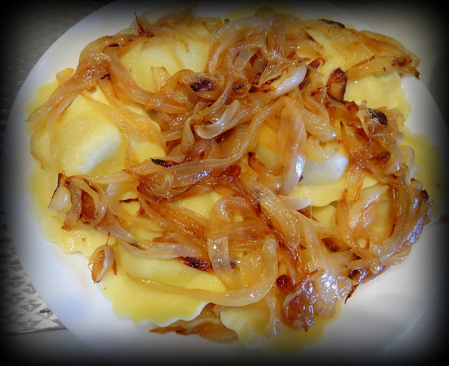 Homemade Food. Potato Dumplings with Fried Onions