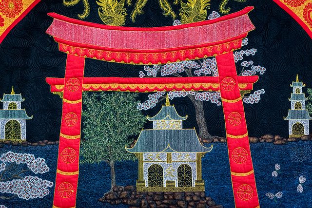 Quilted gateway to a Japanese Shinto shrine in spring