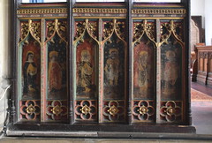 rood screen north: St Etheldreda, St Catherine of Siena or the Blessed Virgin, St Anne?, St Alban, St Helen, St Leger?,