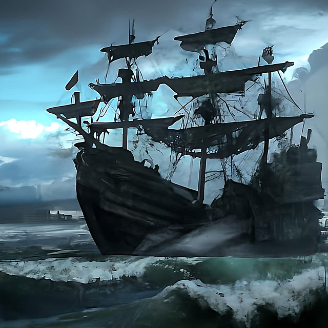 A huge ship sails on a stormy sea. AI generated.