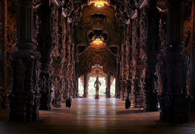 Impressive wooden structure at the left hall of the Sanctuary of Truth