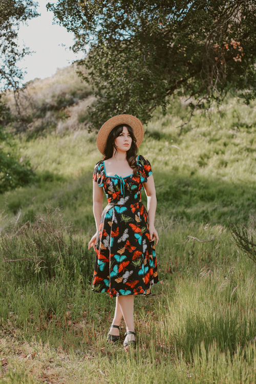 Unique Vintage Black & Multi Butterfly Print Swing Dress Southern California Belle