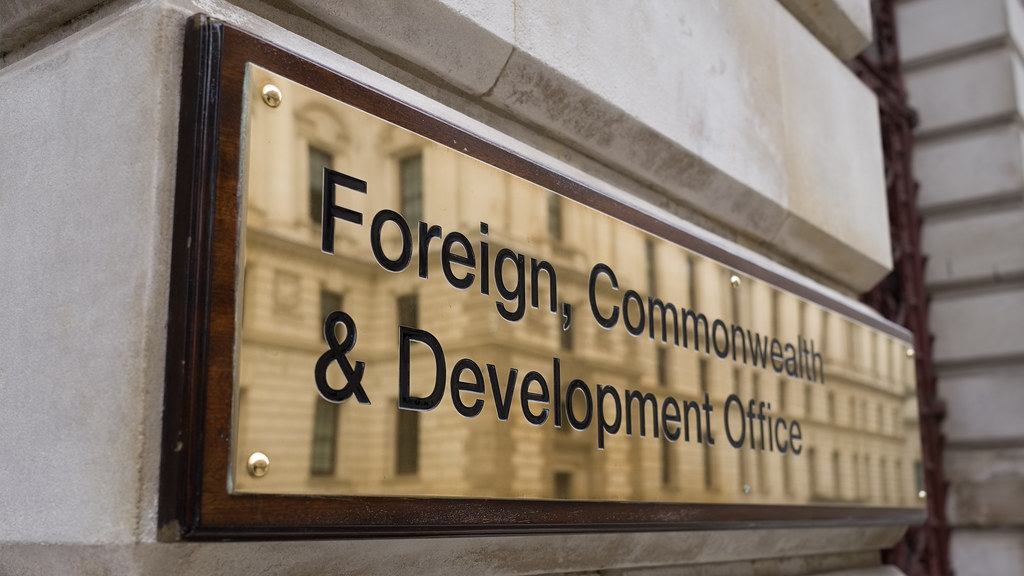 The brass plaque of the Foreign, Commonwealth & Development Office, UK Government