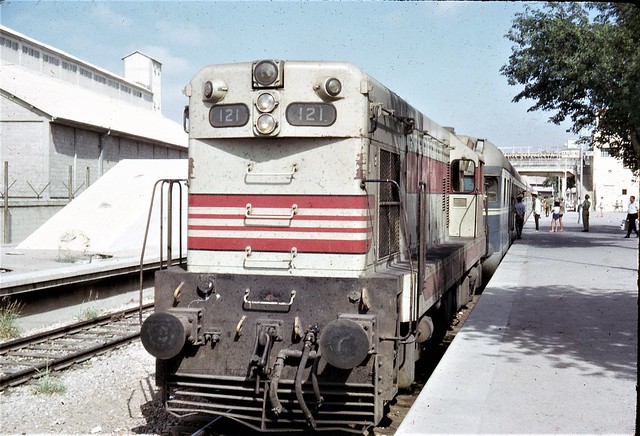 Israel Railways - Israel State Railways - ISR diesel locomotive Nr. 121 and Esslingen passenger train at Haifa Central station
