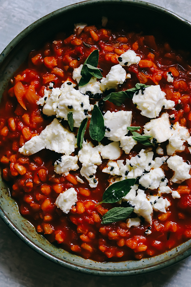 Saucy Tomato and Barley Risotto with Marinated Feta