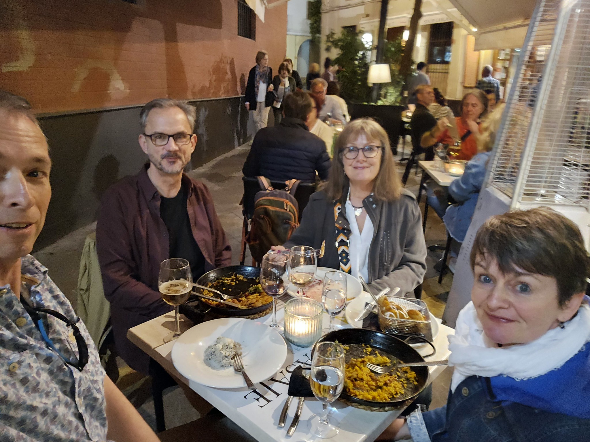 The Billinghams and Keevils enjoying dinner in Seville