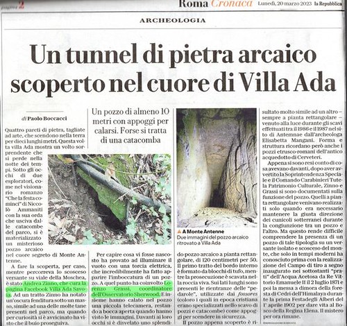 RARA 2023. Scoperto un tunnel di pietra nel Parco di Villa Ada a Roma; in: ROMA | TSA, Villa Ada Savoia / Fb - YouTube; La Repubblica & Il Giornale Dell' Arte (20-21/03/2023).