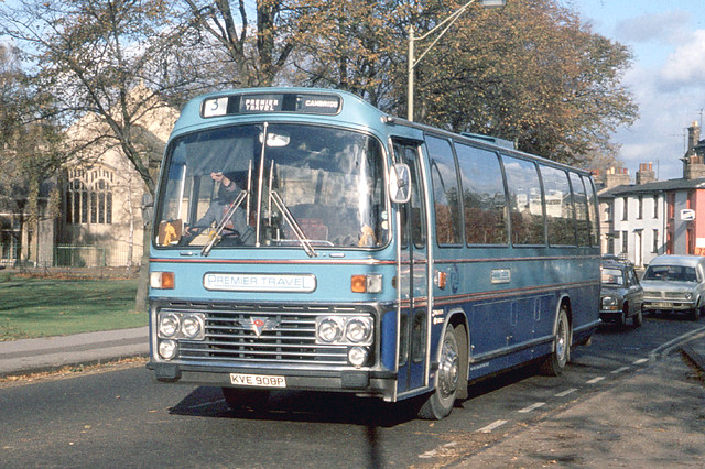Premier Travel Ltd . Cambridge . 257 KVE908P . Emmanuel Road , Cambridge , Cambridgeshire . Friday 21st-October-1977 .