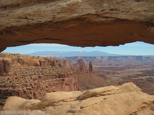 The La Sal Mountains through Mesa Arch near midday, Island in the Sky District, Canyonlands National Park, Utah