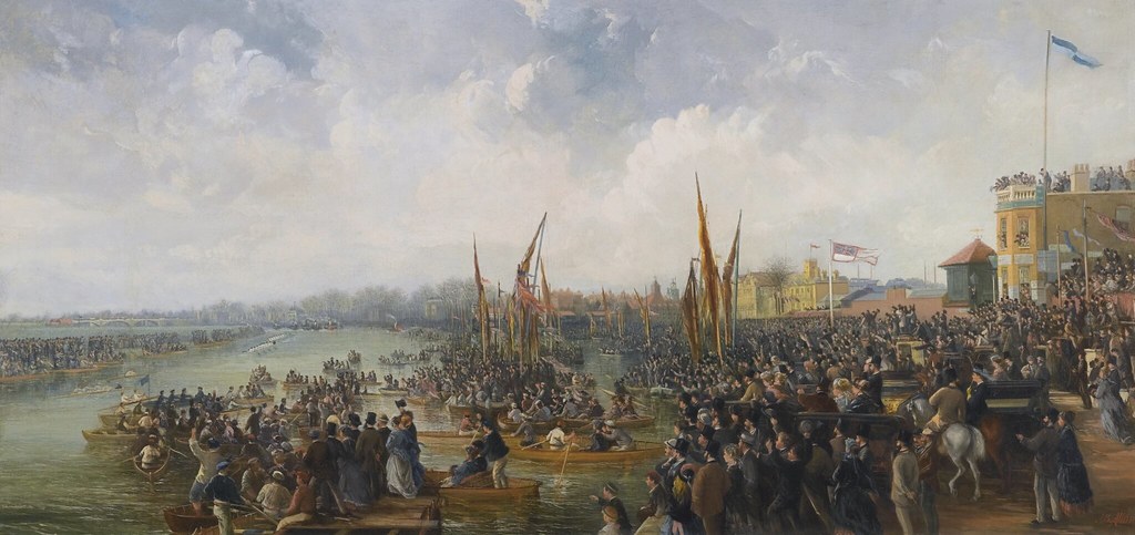 James Baylis Allan «The finishing line of the Oxford and Cambridge boat race at Mortlake»