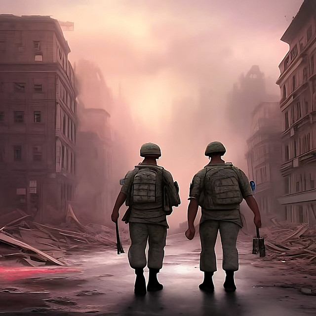 Two soldiers on patrol advancing through a city in ruins.