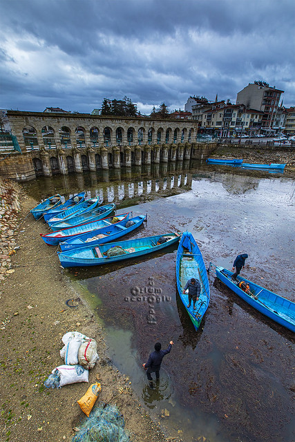Three fishermen, blue boats and Stone Bridge on Lake Beyşehir....and just before the rain...(Explore n0: 69  /March 24, 2023)