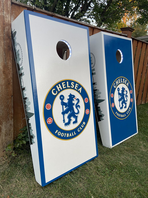Chelsea Football Club digitally printed custom cornhole board set with London skyline all 4 sides