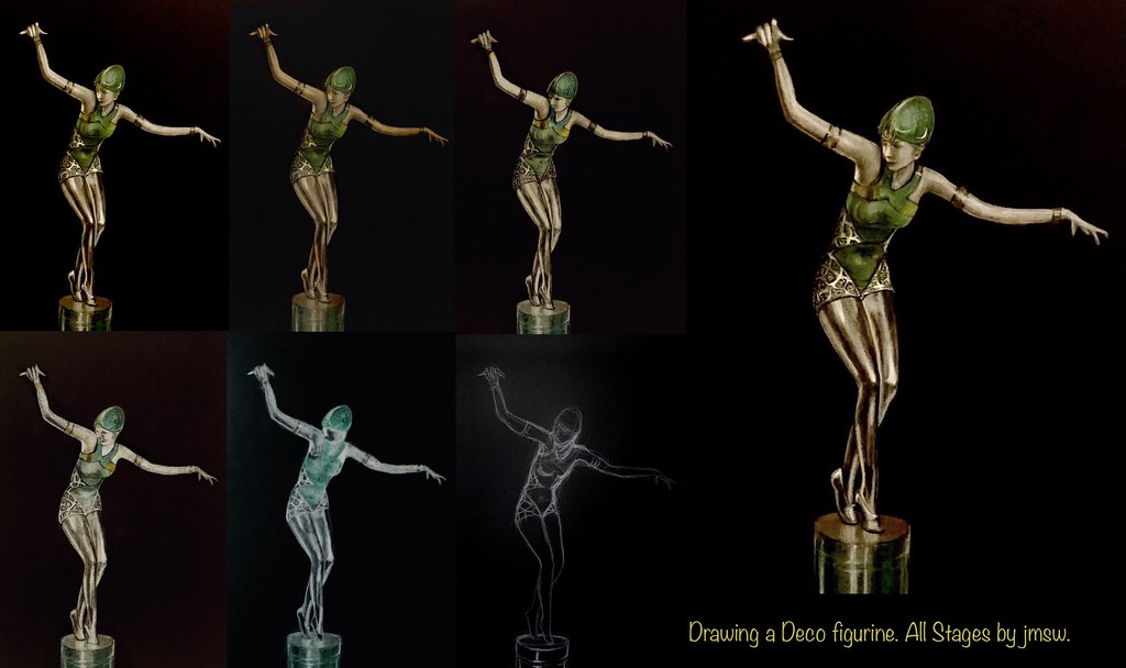Drawing a Deco figurine in coloured pencils and highlights in Gouache by jmsw on black card.. just for fun.