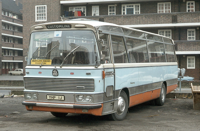Wraycliffe Coaches ( Pemberton & Lord ). Folkestone. Kent . YHP1J . Bayliss Road Coach Park , Waterloo , London . Saturday afternoon 18th-February-1978 .