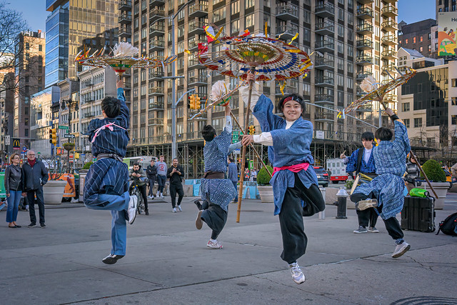 Performance of the Japanese Umbrella Dance in the Flatiron District of Manhattan, New York City